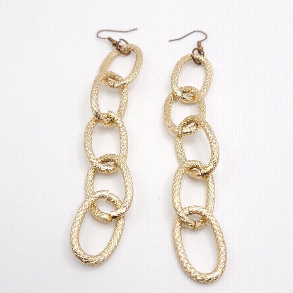 Gold Tone Textured Chain Link Dangle Earrings Women's 4 in Statement Jewelry - Picture 5 of 5